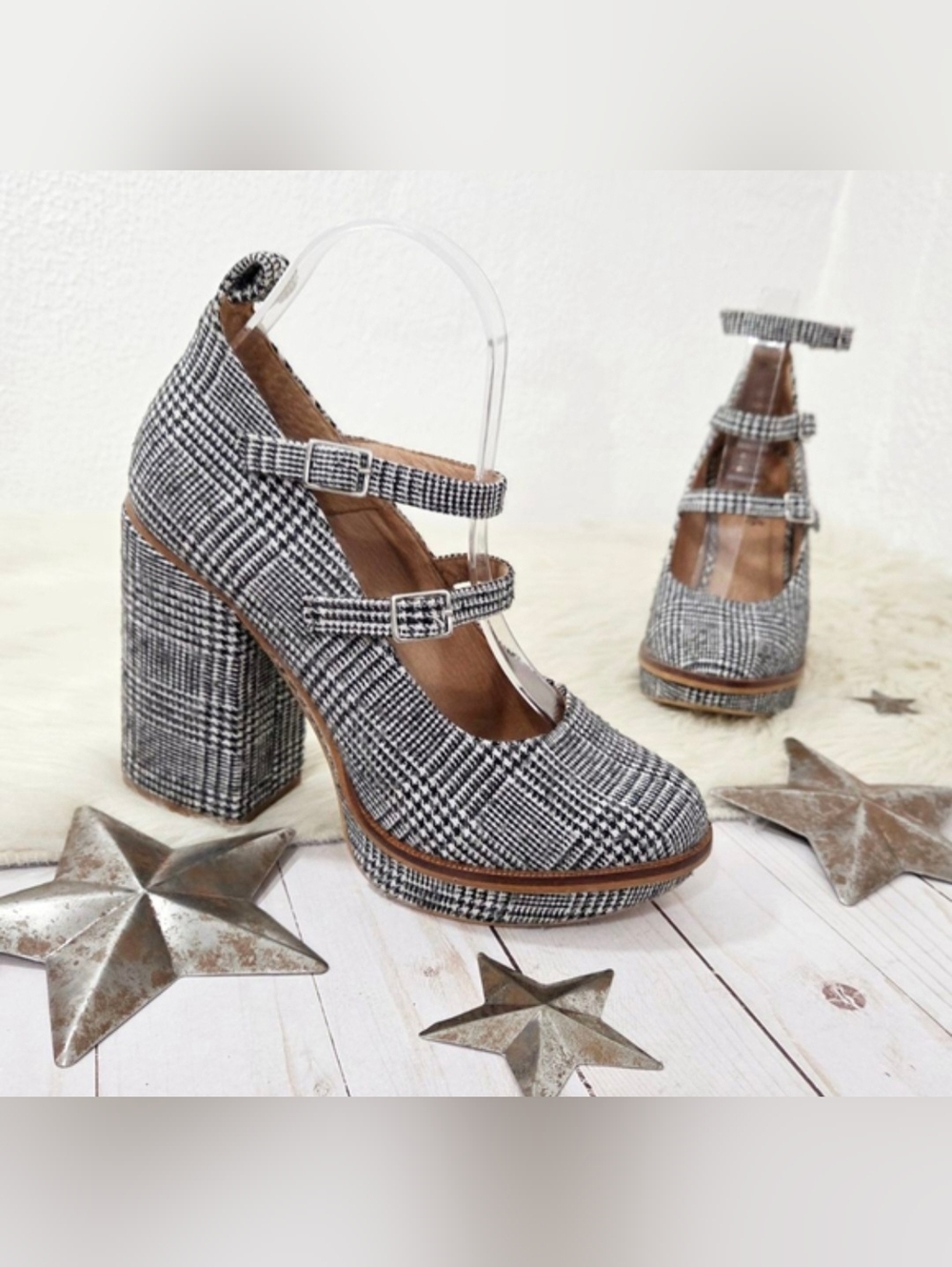 Free People Plaid Perfect Pair Strap Platform Heels mary jane women's 39 (8/8.5)
